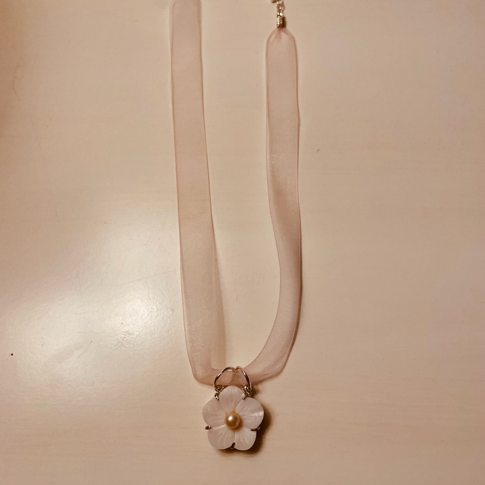 Mother of Pearl Flower Pendant Pink Silk Ribbon Sterling Silver Clasp New